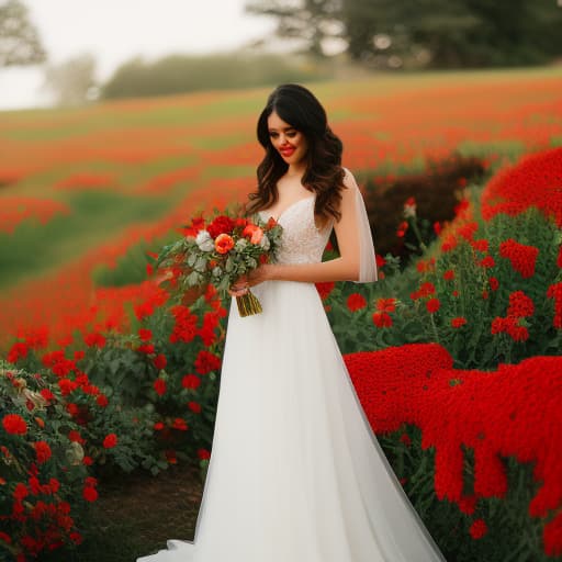 analog style Bride with red flowers hyperrealistic, full body, detailed clothing, highly detailed, cinematic lighting, stunningly beautiful, intricate, sharp focus, f/1. 8, 85mm, (centered image composition), (professionally color graded), ((bright soft diffused light)), volumetric fog, trending on instagram, trending on tumblr, HDR 4K, 8K