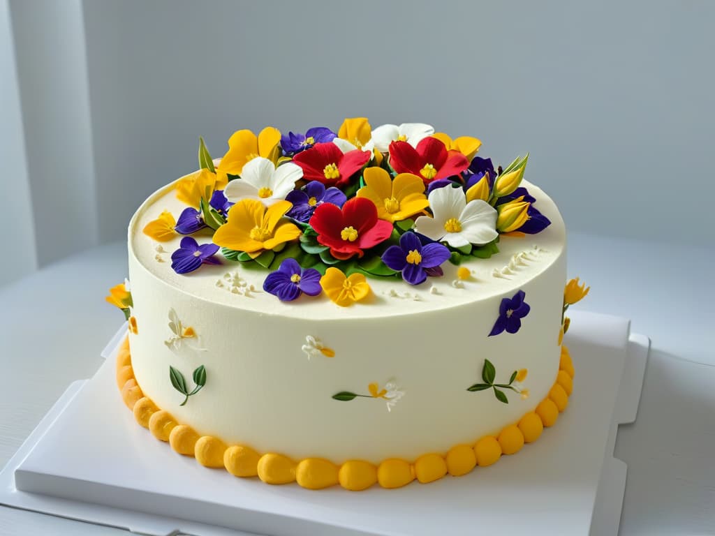  An intricately decorated glutenfree cake, adorned with vibrant edible flowers and delicate piped frosting details, placed on a sleek, modern cake stand against a clean, white backdrop. The cake's layers are visible, showcasing a moist crumb structure, and the overall aesthetic exudes elegance and sophistication while highlighting the beauty of glutenfree baking. hyperrealistic, full body, detailed clothing, highly detailed, cinematic lighting, stunningly beautiful, intricate, sharp focus, f/1. 8, 85mm, (centered image composition), (professionally color graded), ((bright soft diffused light)), volumetric fog, trending on instagram, trending on tumblr, HDR 4K, 8K