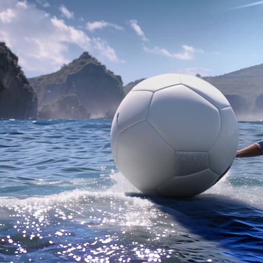 redshift style Cristiano Ronaldo playing football in ocean. hyperrealistic, full body, detailed clothing, highly detailed, cinematic lighting, stunningly beautiful, intricate, sharp focus, f/1. 8, 85mm, (centered image composition), (professionally color graded), ((bright soft diffused light)), volumetric fog, trending on instagram, trending on tumblr, HDR 4K, 8K