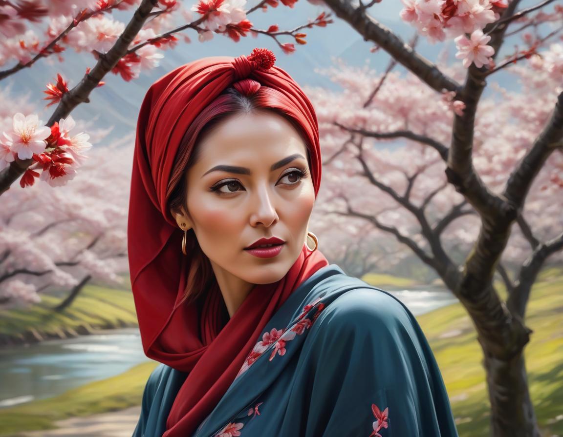  abstract expressionist painting A digital art portrait of a woman with a red headscarf, cherry blossoms in her hair, and serene landscape in the background. . energetic brushwork, bold colors, abstract forms, expressive, emotional hyperrealistic, full body, detailed clothing, highly detailed, cinematic lighting, stunningly beautiful, intricate, sharp focus, f/1. 8, 85mm, (centered image composition), (professionally color graded), ((bright soft diffused light)), volumetric fog, trending on instagram, trending on tumblr, HDR 4K, 8K