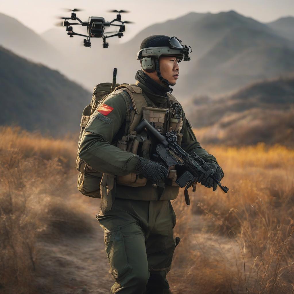  A Chinese man in military uniform, a drone is flying. hyperrealistic, full body, detailed clothing, highly detailed, cinematic lighting, stunningly beautiful, intricate, sharp focus, f/1. 8, 85mm, (centered image composition), (professionally color graded), ((bright soft diffused light)), volumetric fog, trending on instagram, trending on tumblr, HDR 4K, 8K