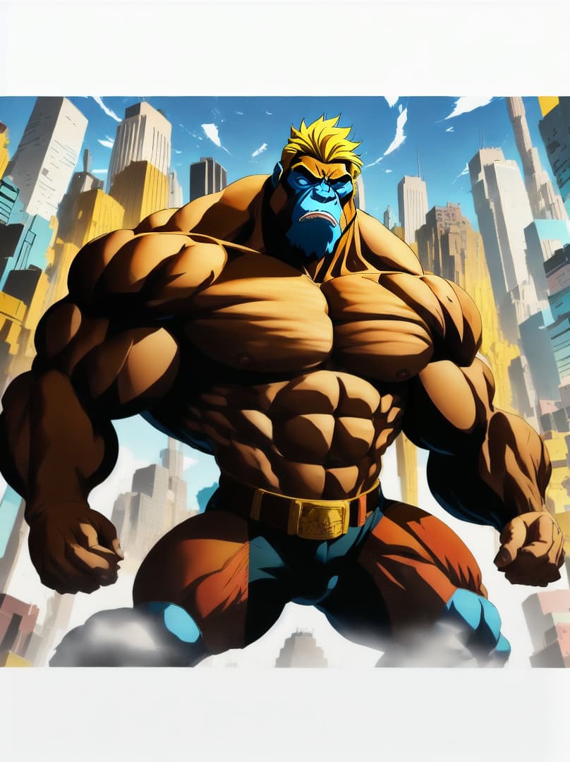  , anime-style illustration of a gorilla with extreme muscular development, in a dynamic pose that captures a 'roid rage'.,RAGE,menacing<lora:chad97qi:0.07655424501345531><lora:yellow-family:0.25172963598036135><lora:octoghibli:0.8723620831649697><lora:ae-t-pagepal:0.23817375049702716> hyperrealistic, full body, detailed clothing, highly detailed, cinematic lighting, stunningly beautiful, intricate, sharp focus, f/1. 8, 85mm, (centered image composition), (professionally color graded), ((bright soft diffused light)), volumetric fog, trending on instagram, trending on tumblr, HDR 4K, 8K