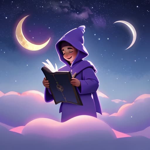  watercolor, storybook, child-book, Young boy looking at the silver star charm on his purple hat, happy expression, night sky with a crescent moon and stars., best quality, very detailed, high resolution, sharp, sharp image hyperrealistic, full body, detailed clothing, highly detailed, cinematic lighting, stunningly beautiful, intricate, sharp focus, f/1. 8, 85mm, (centered image composition), (professionally color graded), ((bright soft diffused light)), volumetric fog, trending on instagram, trending on tumblr, HDR 4K, 8K