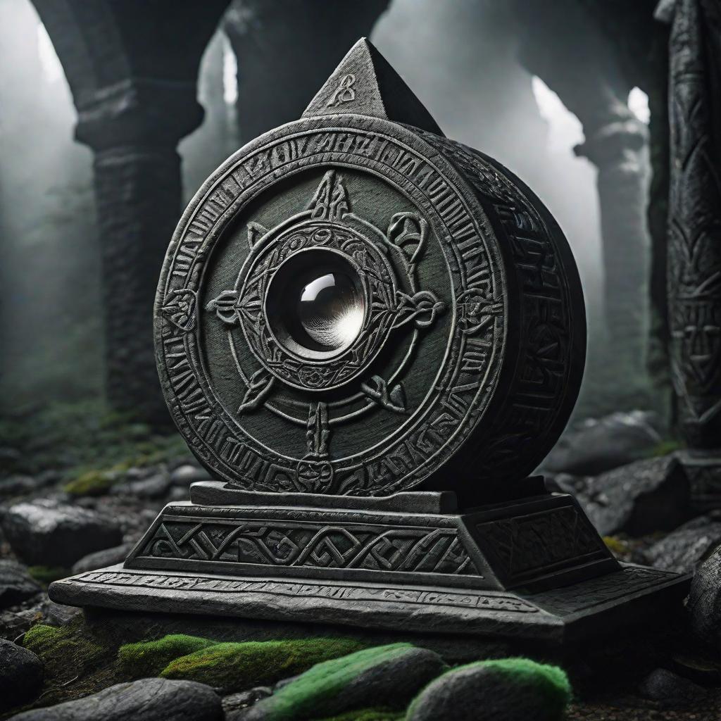  black and white photo runestone past unify future with vision bright green candle eyeball hyperrealistic, full body, detailed clothing, highly detailed, cinematic lighting, stunningly beautiful, intricate, sharp focus, f/1. 8, 85mm, (centered image composition), (professionally color graded), ((bright soft diffused light)), volumetric fog, trending on instagram, trending on tumblr, HDR 4K, 8K