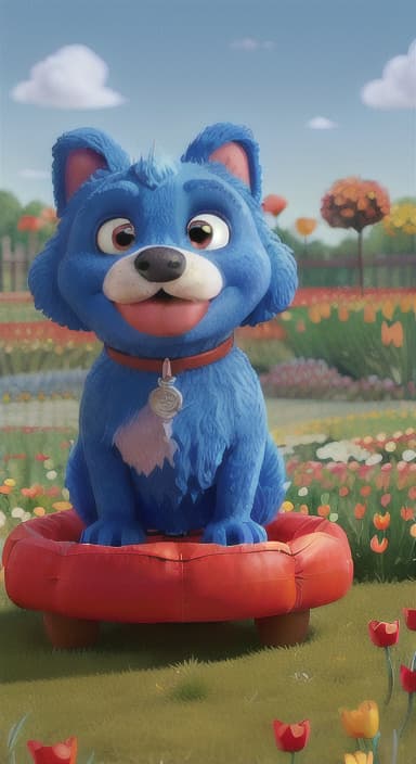  {The red ball nestled in a bed of colorful flowers like daisies and tulips, The big blue dog is large with sky blue fur, big round eyes, a black nose, and floppy ears.