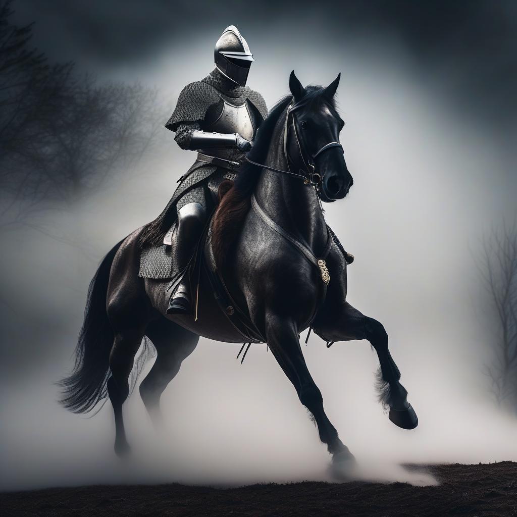  A knight on a ghostly horse surrounded by a phantom fog. hyperrealistic, full body, detailed clothing, highly detailed, cinematic lighting, stunningly beautiful, intricate, sharp focus, f/1. 8, 85mm, (centered image composition), (professionally color graded), ((bright soft diffused light)), volumetric fog, trending on instagram, trending on tumblr, HDR 4K, 8K