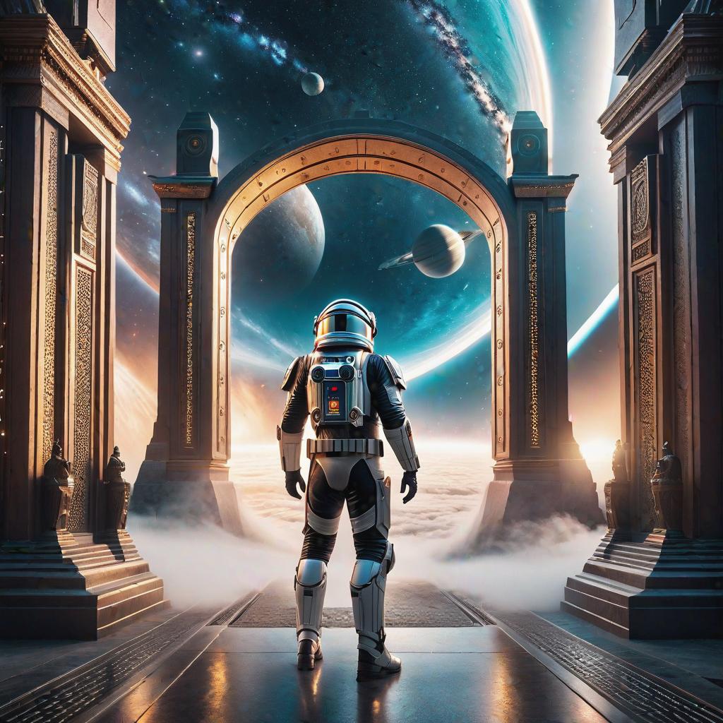  a gateway opening to the galactic universes hyperrealistic, full body, detailed clothing, highly detailed, cinematic lighting, stunningly beautiful, intricate, sharp focus, f/1. 8, 85mm, (centered image composition), (professionally color graded), ((bright soft diffused light)), volumetric fog, trending on instagram, trending on tumblr, HDR 4K, 8K