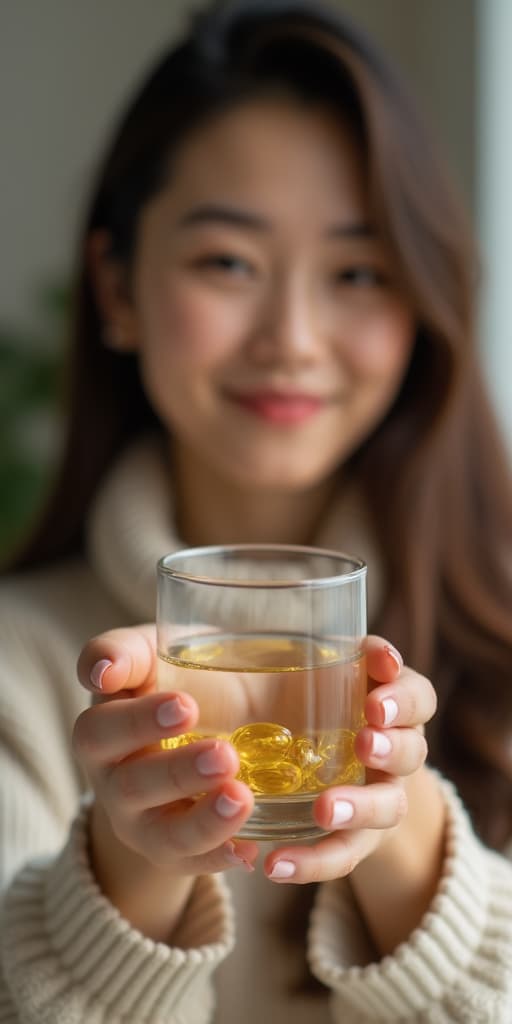  good quality, high quality, dietary supplement, asian young woman, girl hand holding fish oil pills, drugs medical, take or eat vitamin for treatment skin, hair and nail strengthen with glass of water at home. healthcare concept