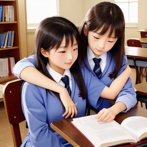  Clip art of three junior high school girls studying hard hugging each other Girl Cute