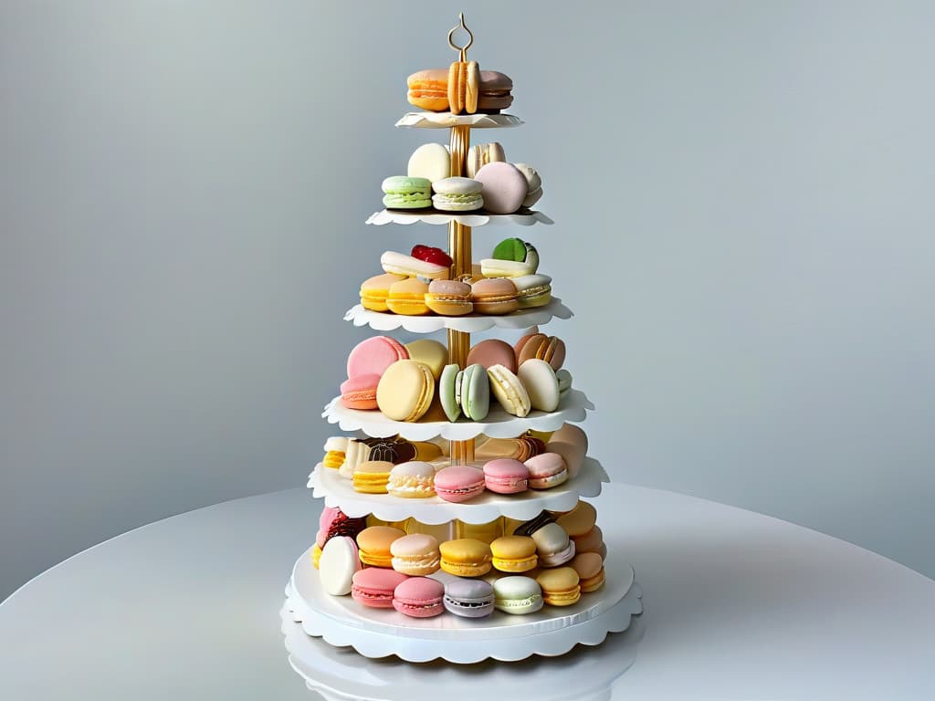  An ultradetailed image of an exquisite French macaron tower, showcasing a variety of pastel colors and delicate designs on each individual macaron, set against a clean, white background to emphasize the elegance and precision of the confectionery art. hyperrealistic, full body, detailed clothing, highly detailed, cinematic lighting, stunningly beautiful, intricate, sharp focus, f/1. 8, 85mm, (centered image composition), (professionally color graded), ((bright soft diffused light)), volumetric fog, trending on instagram, trending on tumblr, HDR 4K, 8K