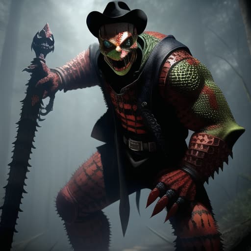  full body, fusion Freddy Krueger and a Reptile, malicious smile, bloody, gore, horror theme, nightmare, masterpiece, scale like skin, full body, lizard forked tongue, weapon shown, , (masterpiece, best quality:1.5), HDR 4K, 8K