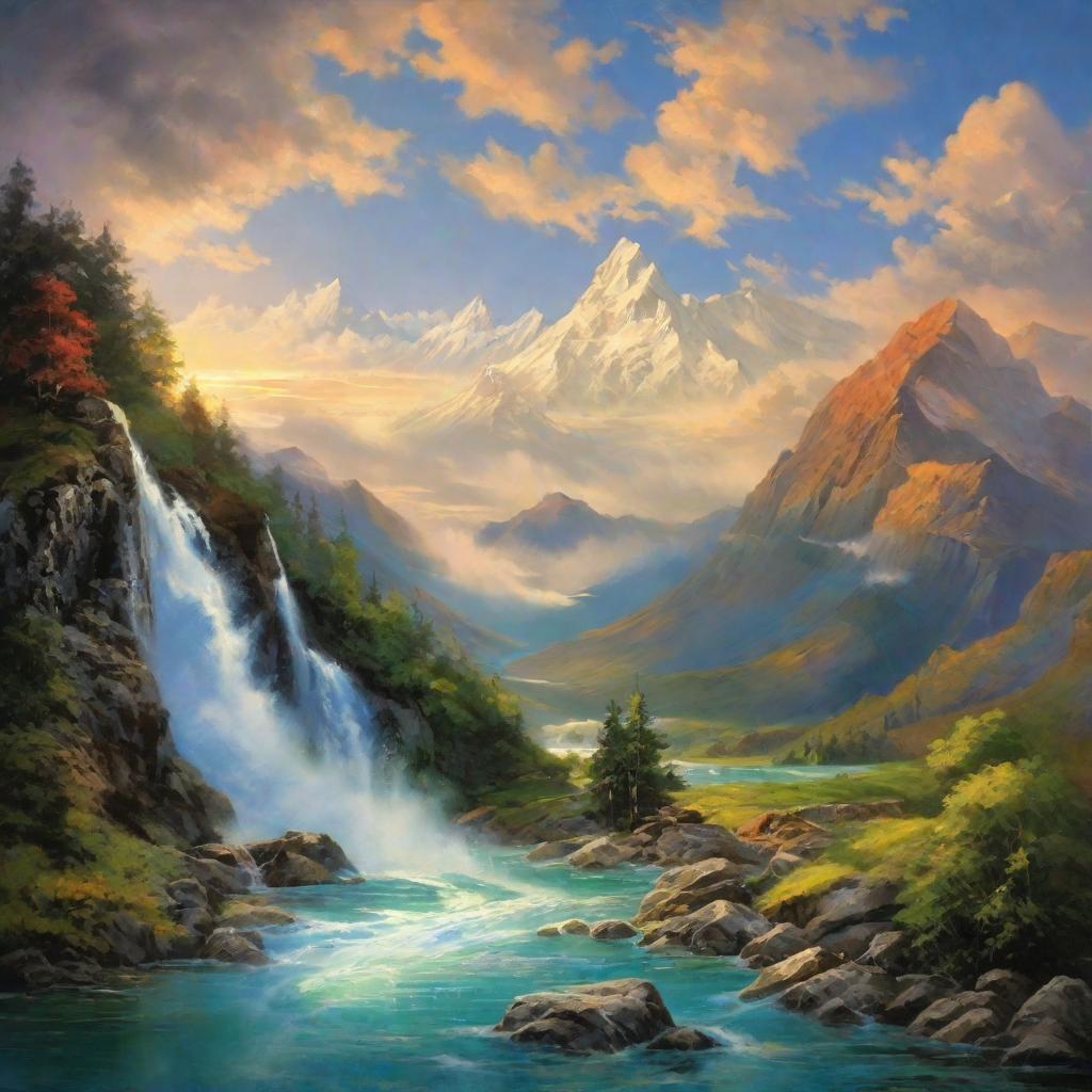  masterpiece, best quality,Mountains, clouds, waterfalls