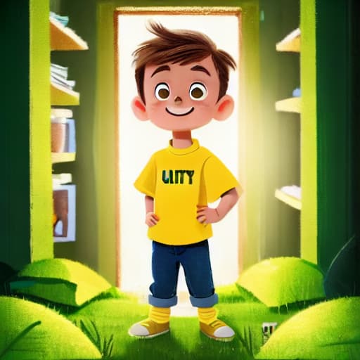  (best quality:1.5), (realistic:1.0), 1boy, short brown hair, yellow shirt, green pants, in the cabin, dim light, cozy