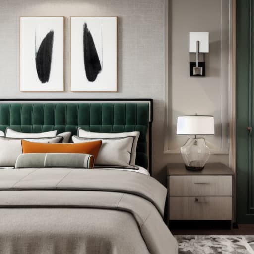  Modern bedroom with bed, side tables and wall art in neutral tones with accents of dark green and orange. The room has large windows that illuminate the space with natural light. There is carpet on the floor and wooden paneling on one walls. In front there's an elegant grey fabric headboard and soft bedding. On each bedside table stand modern lamps casting warm glow over the scene. A minimalist painting hangs above it.