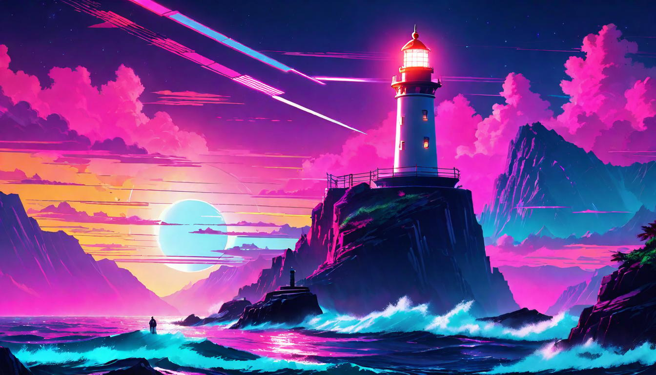  vaporwave,cyberpunk game style A lighthouse standing atop a craggy cliff, its light slicing through the night’s darkness. Guidance, sentinel, rocky foundation, beacon of hope, steward of the unseen pathseon, dystopian, futuristic, digital, vibrant, detailed, high contrast, reminiscent of cyberpunk genre video games,retro aesthetic, cyberpunk, vibrant, neon colors, vintage 80s and 90s style, highly detailed