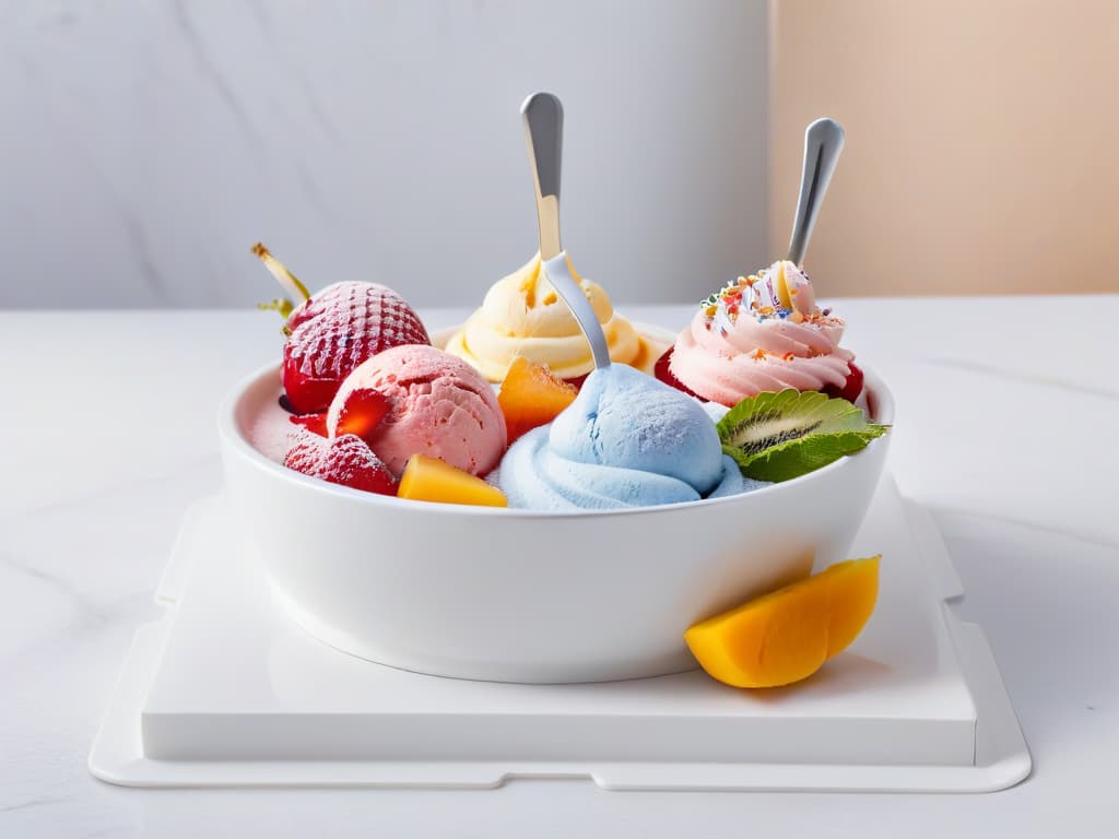  A minimalistic image of a colorful assortment of homemade ice cream scoops in various unique flavors like bubblegum, cotton candy, and mango, beautifully garnished with fresh fruit and sprinkles, presented on a sleek white marble surface with elegant silver spoons placed neatly beside them. hyperrealistic, full body, detailed clothing, highly detailed, cinematic lighting, stunningly beautiful, intricate, sharp focus, f/1. 8, 85mm, (centered image composition), (professionally color graded), ((bright soft diffused light)), volumetric fog, trending on instagram, trending on tumblr, HDR 4K, 8K