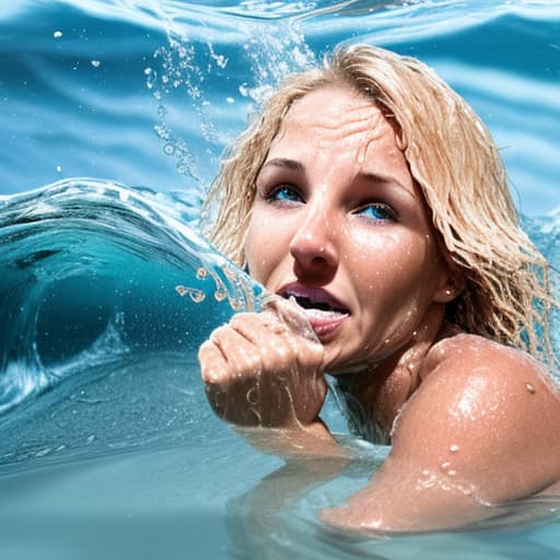  tanned blonde woman's nose is in the water she's drowning and panic a lot of water waves and splashes around