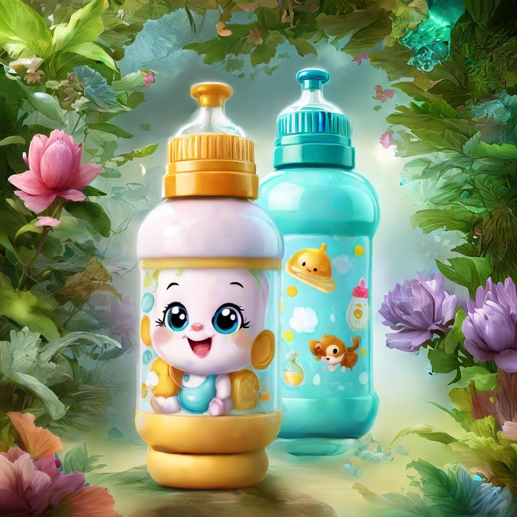  Cute cartoon illustration of a baby bottle floating in a lush, fantastical forest filled with vibrant flora and fauna. , best quality, ultrahigh resolution, highly detailed, (sharp focus), masterpiece, (centered image composition), (professionally color graded), ((bright soft diffused light)), trending on instagram, trending on tumblr, HDR 4K