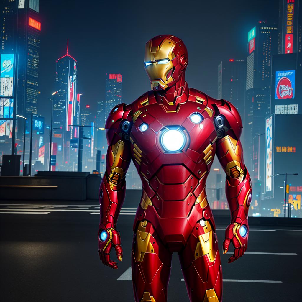  masterpiece, best quality, masterpiece, 8k resolution, realistic, highly detailed, Iron Man close-up. He stands on a street lined with tall buildings in a cyberpunk style city at night. The city's night lights are bright, and the surrounding buildings and streets are full of cyberpunk elements such as neon lights, high-tech equipment and futuristic architectural design.