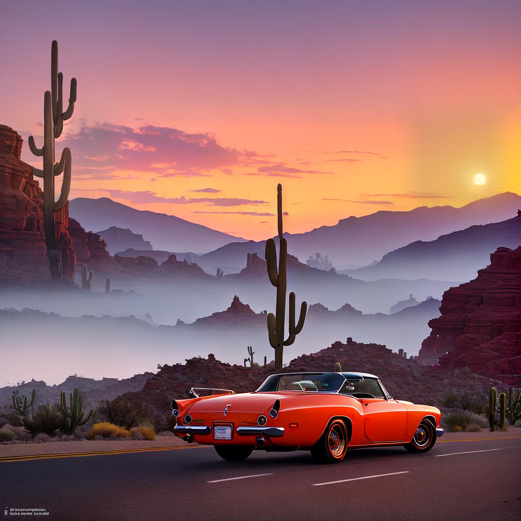  ((Masterpiece)), (((best quality))), 8k, high detailed, ultra-detailed. A mesmerizing sunset view along Route 66 in Arizona. A vibrant orange and purple sky fading into the horizon. (Cacti) silhouetted against the colorful backdrop. A vintage red convertible car parked by the roadside. (A lone cowboy) riding a horse in the distance. The iconic Route 66 signpost standing tall with rusty metallic textures. hyperrealistic, full body, detailed clothing, highly detailed, cinematic lighting, stunningly beautiful, intricate, sharp focus, f/1. 8, 85mm, (centered image composition), (professionally color graded), ((bright soft diffused light)), volumetric fog, trending on instagram, trending on tumblr, HDR 4K, 8K