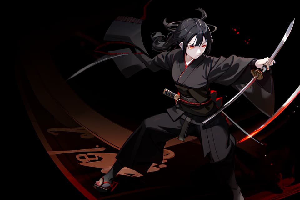  One , black kimono, black hair, black eyes, putting hair in the back, Japanese sword, long sword, hips, hold a sword, night, moon, serious expression, shadowy face, glowing eyes , Small s, slender, approaching, running, cutting, perspective, sprinting, stepping on, dust, winding wind, slashing