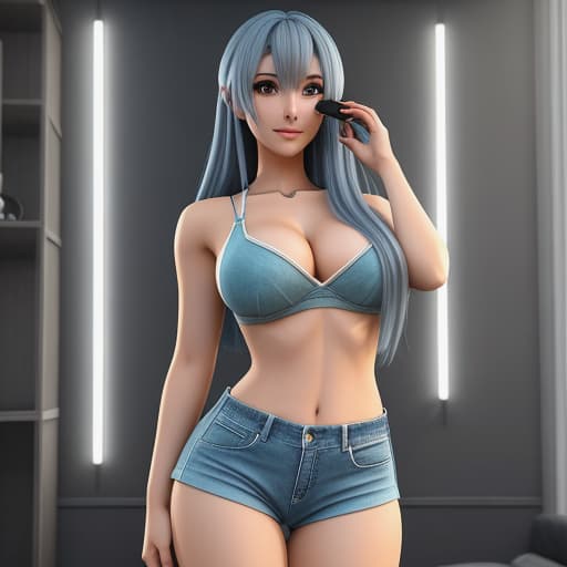  //estilo anime: manda foto de uma mulher loira , de cabelos amarelos de Pele branca, seu rosto é um 3d estilo anime, ela está sentada em seu sofá usando roupas casuais , tranquilamente mandando uma selfie do seu próprio rosto , seu rosto é um 3d de anime As Lyra gazes upon her phone screen, lost in admiration of her own beautiful reflection, she unconsciously sends the picture to an eager fanbase. Suddenly a faint glow surrounds her form as an irresistible urge washes over her. She feels herself morphing into a lifelike anime figure—her soft denim shorts and loose tank top transforming into skin-tight clothing that accentuates every curve and contour of her enchanting body. The languid smile on her lips grows wider as she stands up  hyperrealistic, full body, detailed clothing, highly detailed, cinematic lighting, stunningly beautiful, intricate, sharp focus, f/1. 8, 85mm, (centered image composition), (professionally color graded), ((bright soft diffused light)), volumetric fog, trending on instagram, trending on tumblr, HDR 4K, 8K