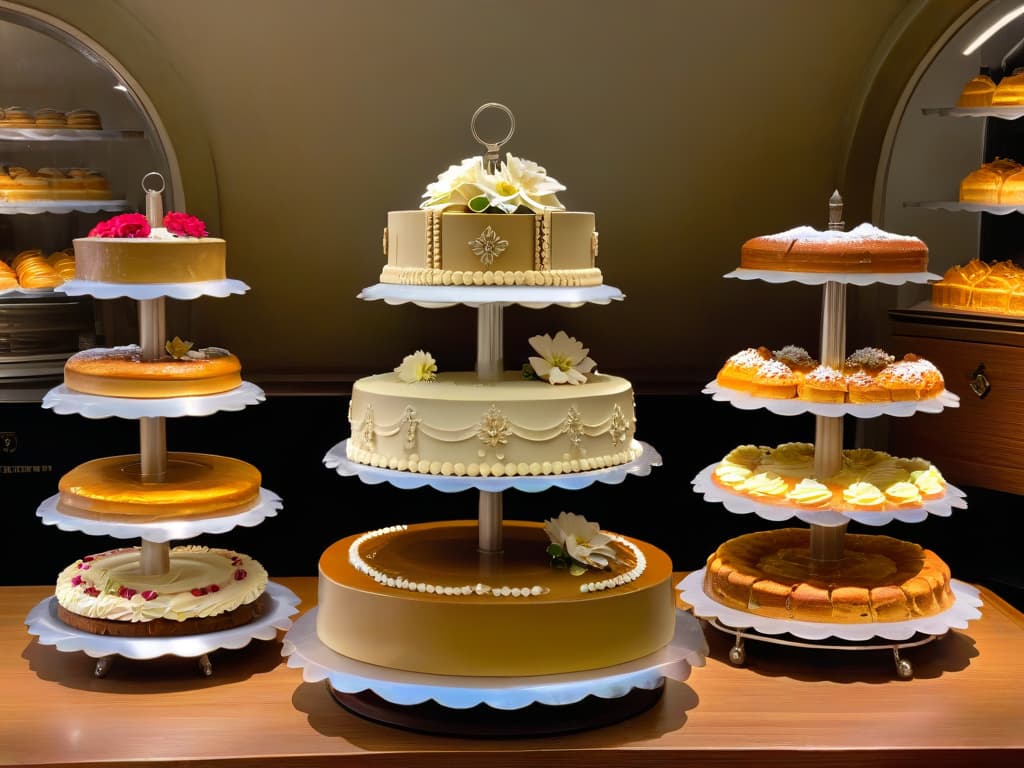  A highresolution, ultradetailed image of a vintage bakery display showcasing elaborate, decadent pastries and cakes from the 1920s. The display features ornate cake stands, delicate sugar flowers, and intricately piped frosting designs, all set against a backdrop of muted, sepia tones. The pastries exude an air of indulgence and sophistication, embodying the creativity and artistry of the era's prohibitionera bakers. hyperrealistic, full body, detailed clothing, highly detailed, cinematic lighting, stunningly beautiful, intricate, sharp focus, f/1. 8, 85mm, (centered image composition), (professionally color graded), ((bright soft diffused light)), volumetric fog, trending on instagram, trending on tumblr, HDR 4K, 8K