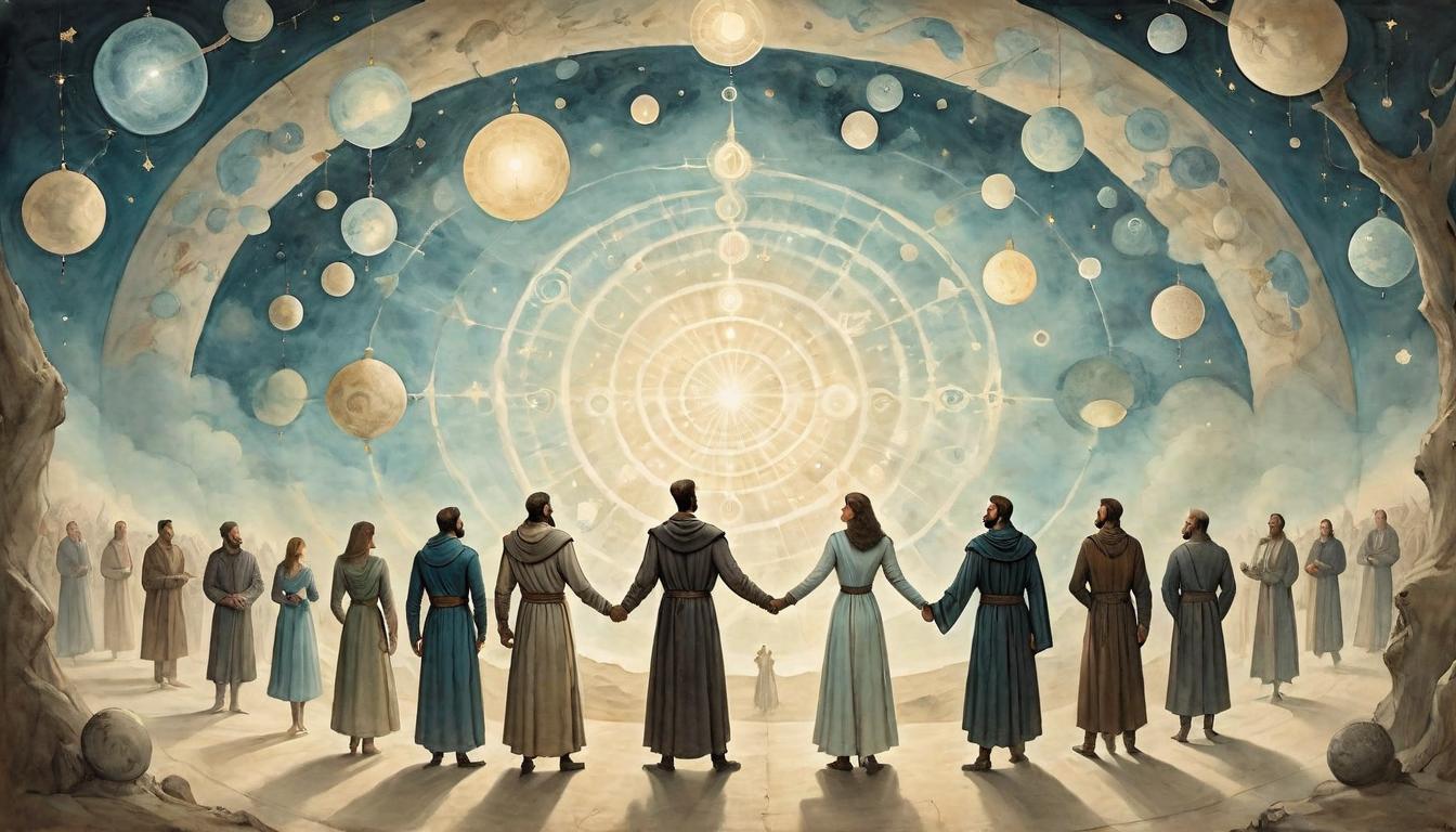  on parchment, surrealism+++, A circle of diverse figures holding hands, standing on an ethereal plane, surrounded by faint, glowing orbs of light, emotional and spiritual fulfillment(mysterious, provocative, symbolic,muted color)+++