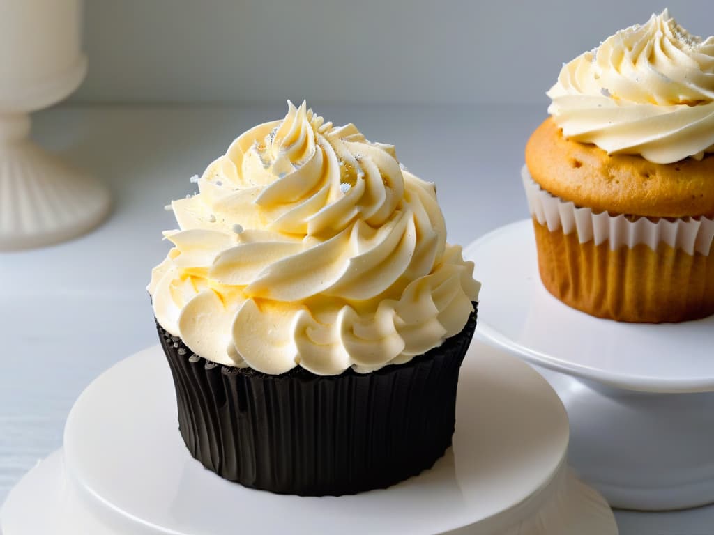  A closeup, ultradetailed image of a perfectly whipped swirl of fluffy, lightasair vanilla bean buttercream frosting being delicately piped onto a freshly baked, golden and moist vanilla cupcake. The frosting appears to be glistening under soft, natural light, showcasing its smooth texture and intricate piping details, with tiny vanilla bean specks visible throughout. The cupcake is elegantly placed on a sleek, matte black surface, emphasizing the contrast between the luscious white frosting and the goldenbrown cake. hyperrealistic, full body, detailed clothing, highly detailed, cinematic lighting, stunningly beautiful, intricate, sharp focus, f/1. 8, 85mm, (centered image composition), (professionally color graded), ((bright soft diffused light)), volumetric fog, trending on instagram, trending on tumblr, HDR 4K, 8K