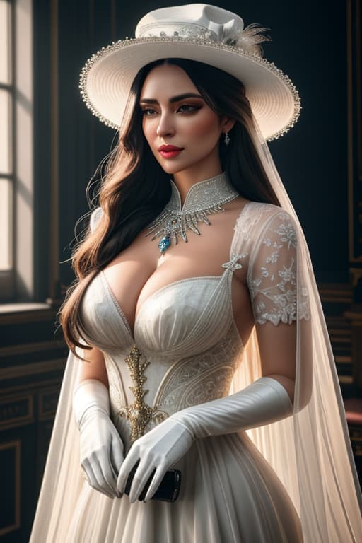 realistic portrait, looking at creator ((beautiful female with long hair)), big realistic eyes, gloves and gown, natural light passing through hair,hyper detail, cinematic lighting, magical historic vibe, 1920, gloves and hat, Canon EOS R3, nikon, f/1.4, ISO 200, 1/160s,RAW, unedited, symmetrical balance, in frame, 8K hyperrealistic, full body, detailed clothing, highly detailed, cinematic lighting, stunningly beautiful, intricate, sharp focus, f/1. 8, 85mm, (centered image composition), (professionally color graded), ((bright soft diffused light)), volumetric fog, trending on instagram, trending on tumblr, HDR 4K, 8K
