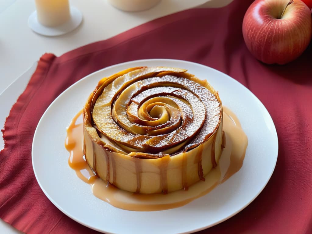  An ultradetailed closeup image of a modern, deconstructed apple pie on a sleek, minimalist plate. The pie features a unique twist with layers of thinly sliced apples arranged in a spiral pattern, topped with a delicate drizzle of caramel sauce and a sprinkle of cinnamon. The lighting is soft yet highlights the intricate details of the dessert, showcasing the contrast between the crispy golden crust and the tender apple slices. hyperrealistic, full body, detailed clothing, highly detailed, cinematic lighting, stunningly beautiful, intricate, sharp focus, f/1. 8, 85mm, (centered image composition), (professionally color graded), ((bright soft diffused light)), volumetric fog, trending on instagram, trending on tumblr, HDR 4K, 8K