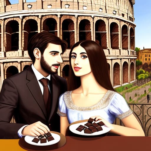  Attractive Beautiful young modern Italian couple dressed in modern designer attire looking. Foreground plates of fine dark chocolates on a table. Background Roman Colosseum. Painting style of Edgar Degas