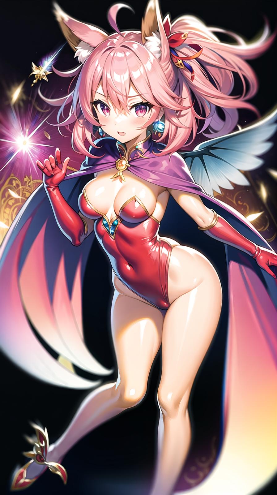  master piece , best quality,Magic hat, cape, ribbons, leotard, gloves, jewelry, earrings, wings of light, red costume, two side up hair, pink hair color, fox tail, beautiful with fox ears, big s, magic wand, transformation, full body