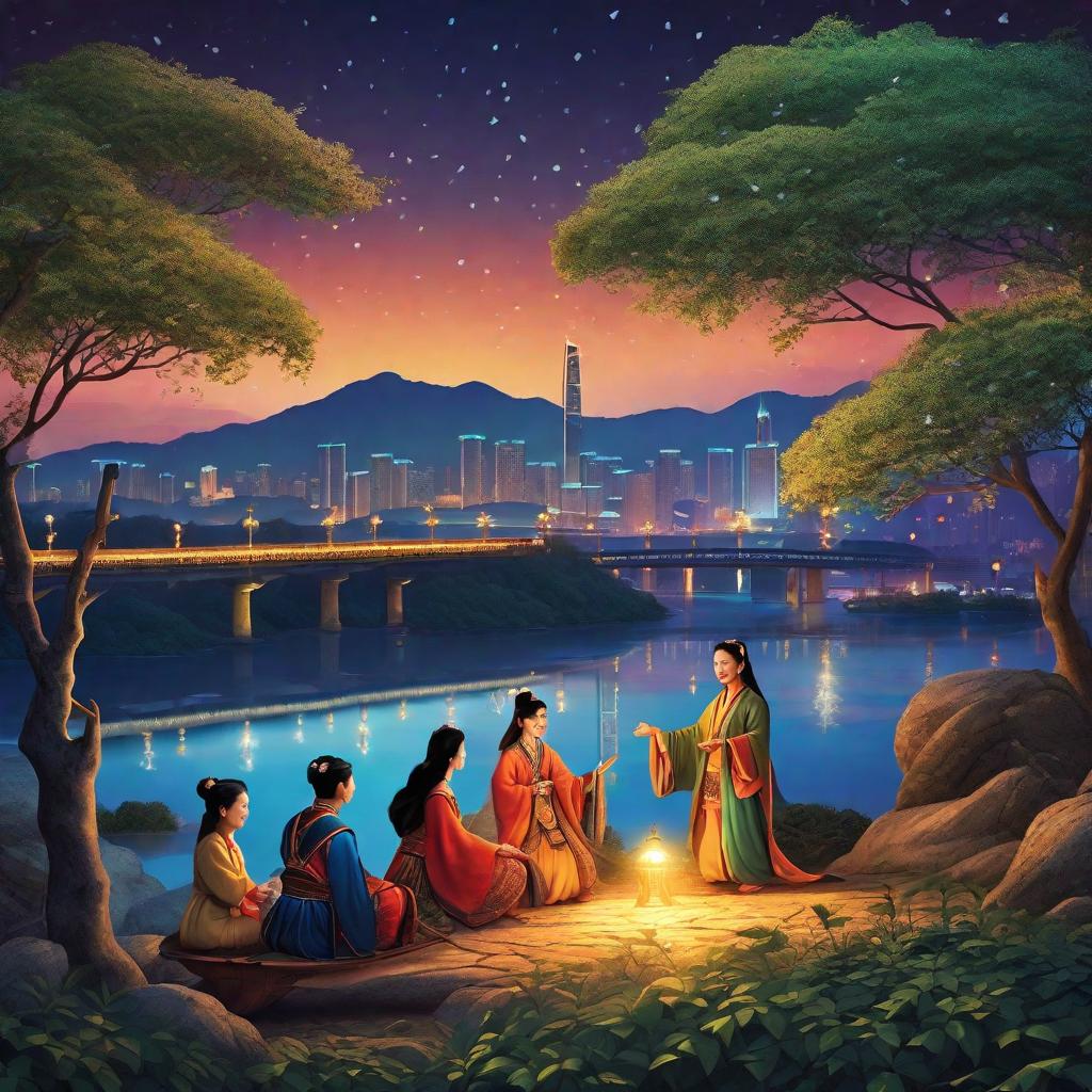  Prompt: Create a setting deep in the heart of the mystical Han River at the peak of the night. The scene begins with brave adventurers, portrayed as a small group of indomitable spirits, starting their journey on the side of the Han River. They are seen interacting with tiny, luminescent night fairies, dancing joyfully around them, who are adorning their outfits with shining garments and starlight decorations, known to be the key artifacts of this world. There's no expression of dialogue, only the sense of camaraderie and anticipation for the journey ahead. In the backdrop, depict the forgotten prince from the legends, casting a long, watchful look over the adventurers, emerging ghost-like from the shadows. His tribe can be seen in the bac hyperrealistic, full body, detailed clothing, highly detailed, cinematic lighting, stunningly beautiful, intricate, sharp focus, f/1. 8, 85mm, (centered image composition), (professionally color graded), ((bright soft diffused light)), volumetric fog, trending on instagram, trending on tumblr, HDR 4K, 8K