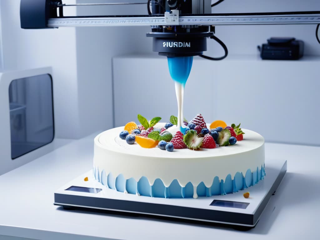  An ultradetailed 8k image of a sleek, futuristic 3D printer in action, creating intricate and allergenfree desserts in a pristine white laboratory setting. The printer's nozzle delicately deposits layers of colorful, allergenfree ingredients with precision, forming a beautiful and intricate dessert design. Surrounding the printer are shelves filled with various allergenfree ingredients neatly organized, showcasing the advanced technology and care that goes into creating safe desserts for individuals with allergies. hyperrealistic, full body, detailed clothing, highly detailed, cinematic lighting, stunningly beautiful, intricate, sharp focus, f/1. 8, 85mm, (centered image composition), (professionally color graded), ((bright soft diffused light)), volumetric fog, trending on instagram, trending on tumblr, HDR 4K, 8K