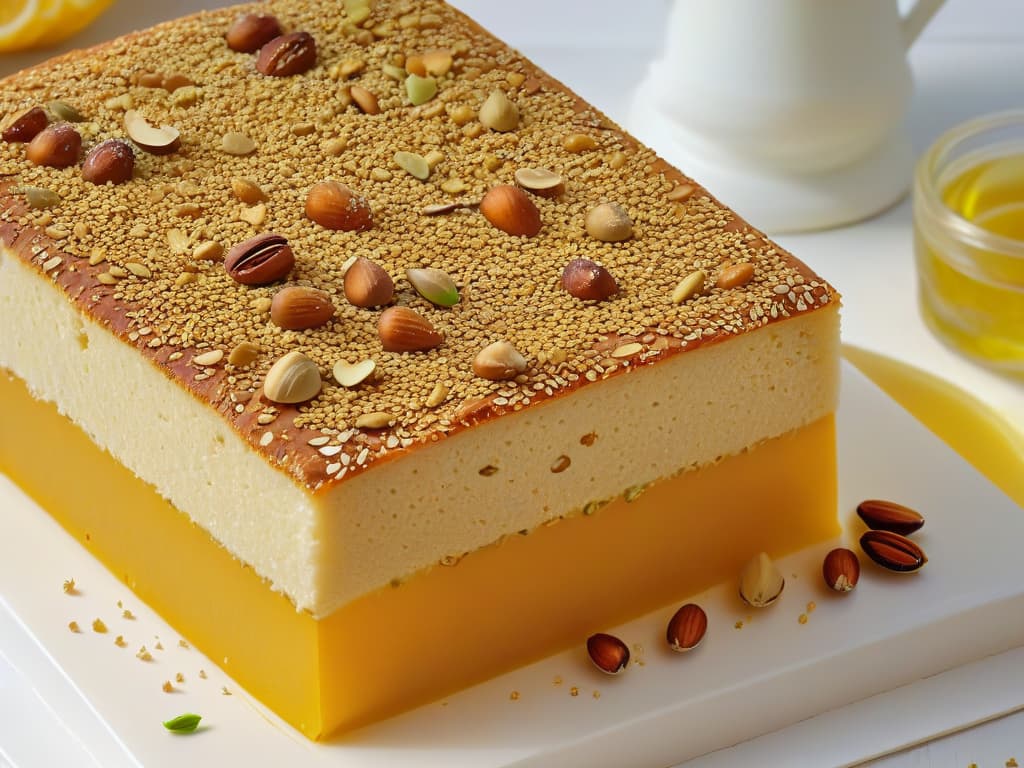  An ultradetailed closeup image of a freshly made halva africano slice, showcasing the intricate layers of crushed sesame seeds, honey, and nuts glistening under soft natural light. The texture appears rich, dense, and slightly crumbly, with visible specks of pistachios and almonds adding a touch of elegance to the dessert. Each layer is beautifully defined, highlighting the craftsmanship and care put into creating this unique African delicacy. hyperrealistic, full body, detailed clothing, highly detailed, cinematic lighting, stunningly beautiful, intricate, sharp focus, f/1. 8, 85mm, (centered image composition), (professionally color graded), ((bright soft diffused light)), volumetric fog, trending on instagram, trending on tumblr, HDR 4K, 8K