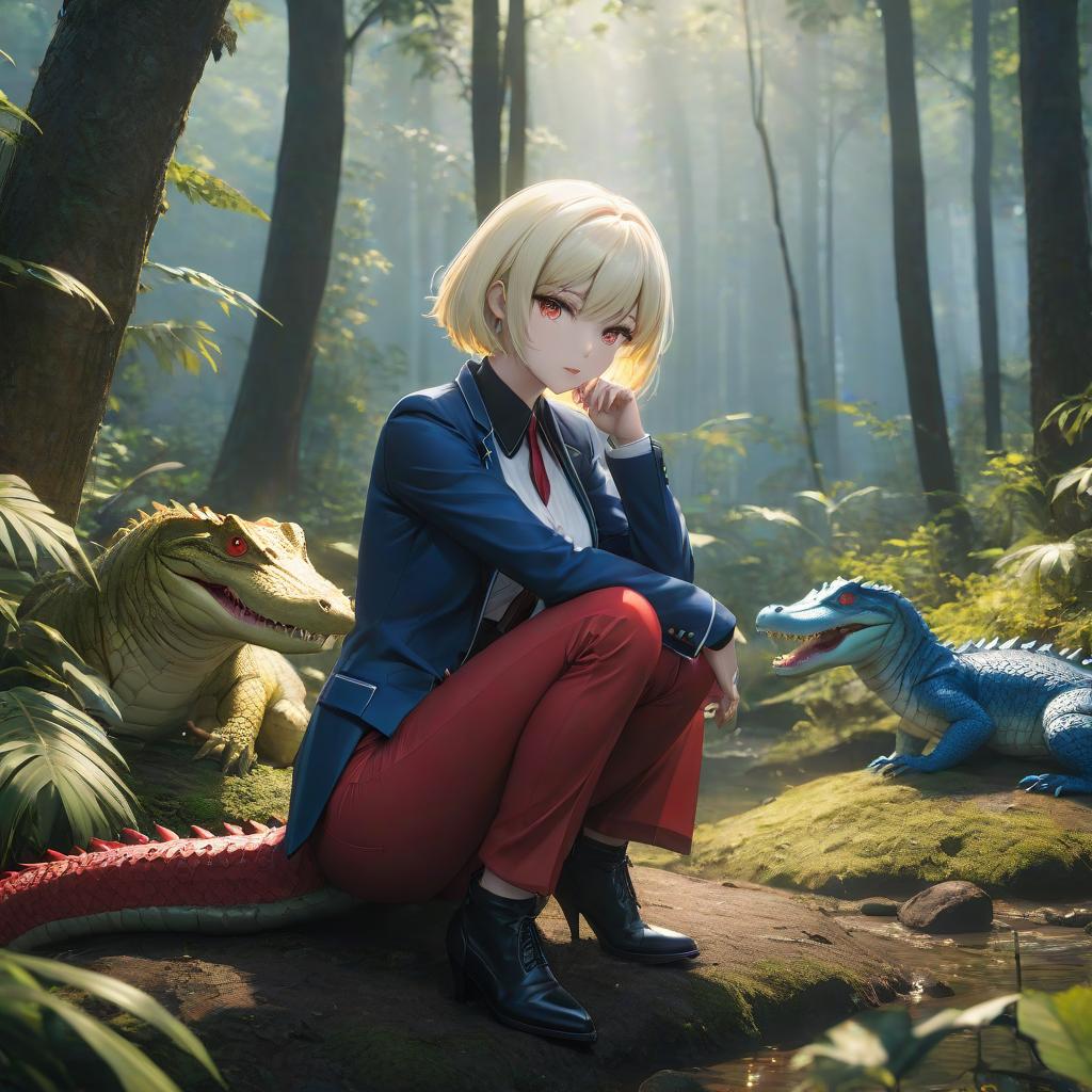  Anime mafia, in trousers, red , blue eyes, yellow white short hair, sitting, tail, crocodiles, in the forest without people hyperrealistic, full body, detailed clothing, highly detailed, cinematic lighting, stunningly beautiful, intricate, sharp focus, f/1. 8, 85mm, (centered image composition), (professionally color graded), ((bright soft diffused light)), volumetric fog, trending on instagram, trending on tumblr, HDR 4K, 8K