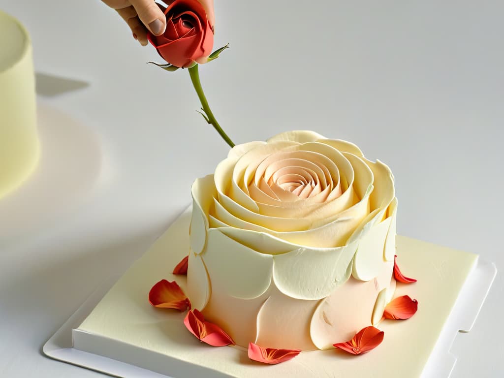  An intricate and detailed closeup shot of a delicate fondant rose being meticulously crafted by skilled hands, showcasing the meticulous artistry and precision involved in cake decorating with fondant. The image captures the subtle sheen of the fondant, the intricate folds and layers of the rose petals, and the focused concentration of the decorator, all against a clean, minimalistic background that highlights the beauty and craftsmanship of the art form. hyperrealistic, full body, detailed clothing, highly detailed, cinematic lighting, stunningly beautiful, intricate, sharp focus, f/1. 8, 85mm, (centered image composition), (professionally color graded), ((bright soft diffused light)), volumetric fog, trending on instagram, trending on tumblr, HDR 4K, 8K