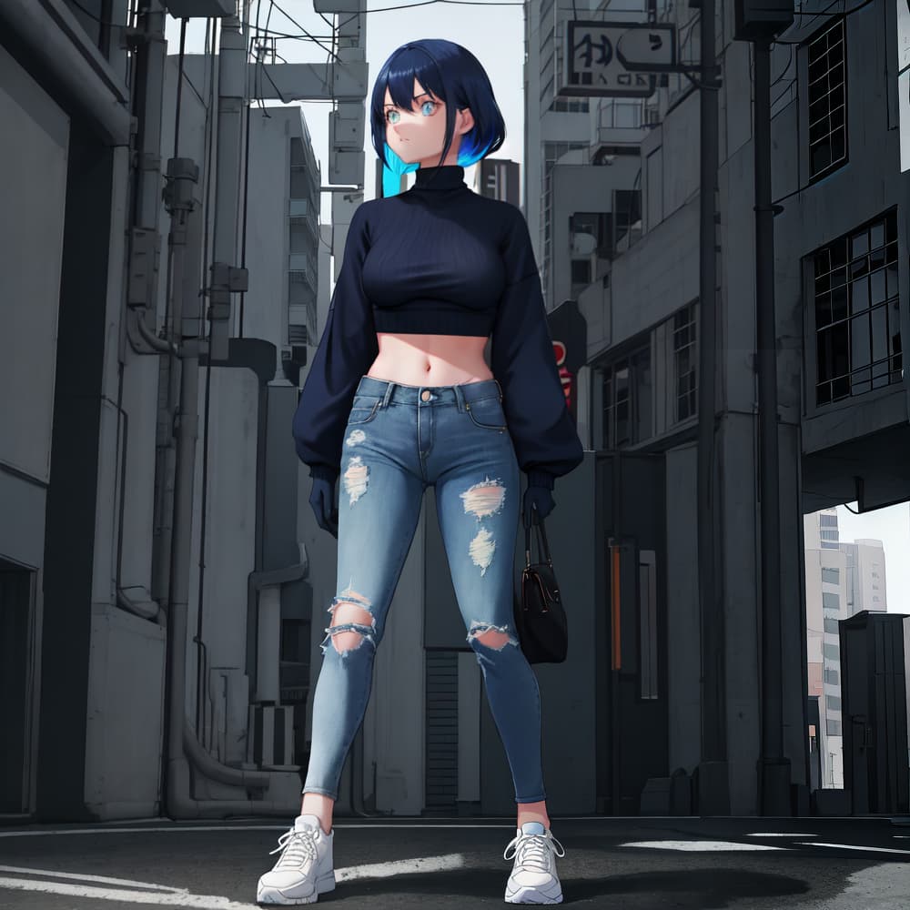  the girl, dressed underboob blue sweater, black jeans, the torso is visible, white sneakers, crimson gloves, a neon city background, stands in the center of the street