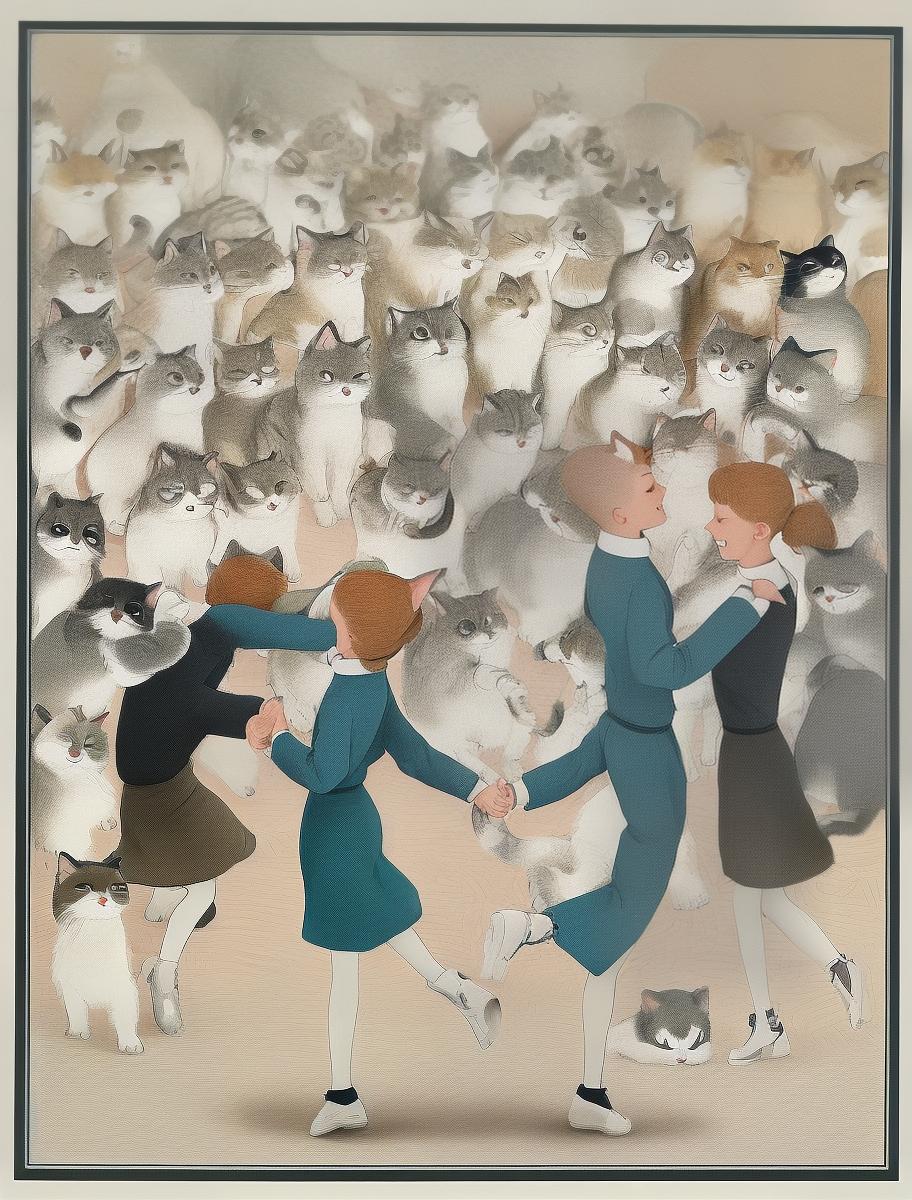  masterpiece, best quality, 10 cats holding each others hand and dancing around a circle in isometric view
