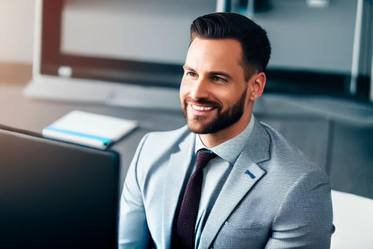  Handsome happy businessman in modern office looking on laptop, realistic, professional shot, sharp focus, 8K, insanely detailed, intricate, elegant, intricate office background