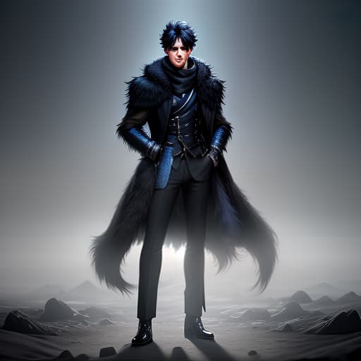  On the image there is one young man. He is standing tall. He has black hair. He has bright blue eyes. He is wearing a black shaggy coat and trousers. hyperrealistic, full body, detailed clothing, highly detailed, cinematic lighting, stunningly beautiful, intricate, sharp focus, f/1. 8, 85mm, (centered image composition), (professionally color graded), ((bright soft diffused light)), volumetric fog, trending on instagram, trending on tumblr, HDR 4K, 8K