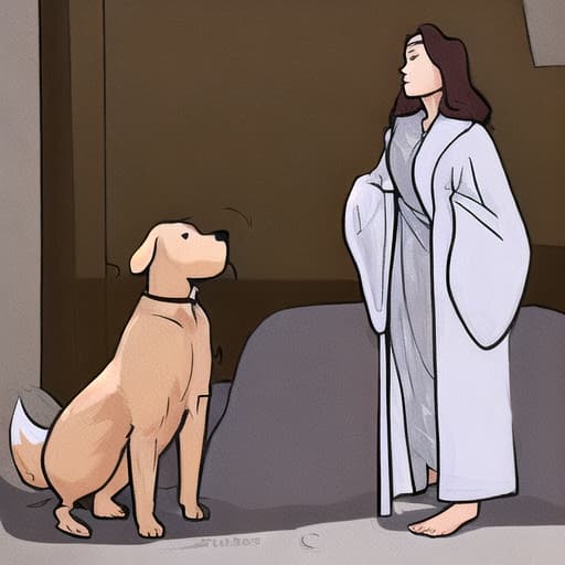  woman wearing a robe without anything else against dog