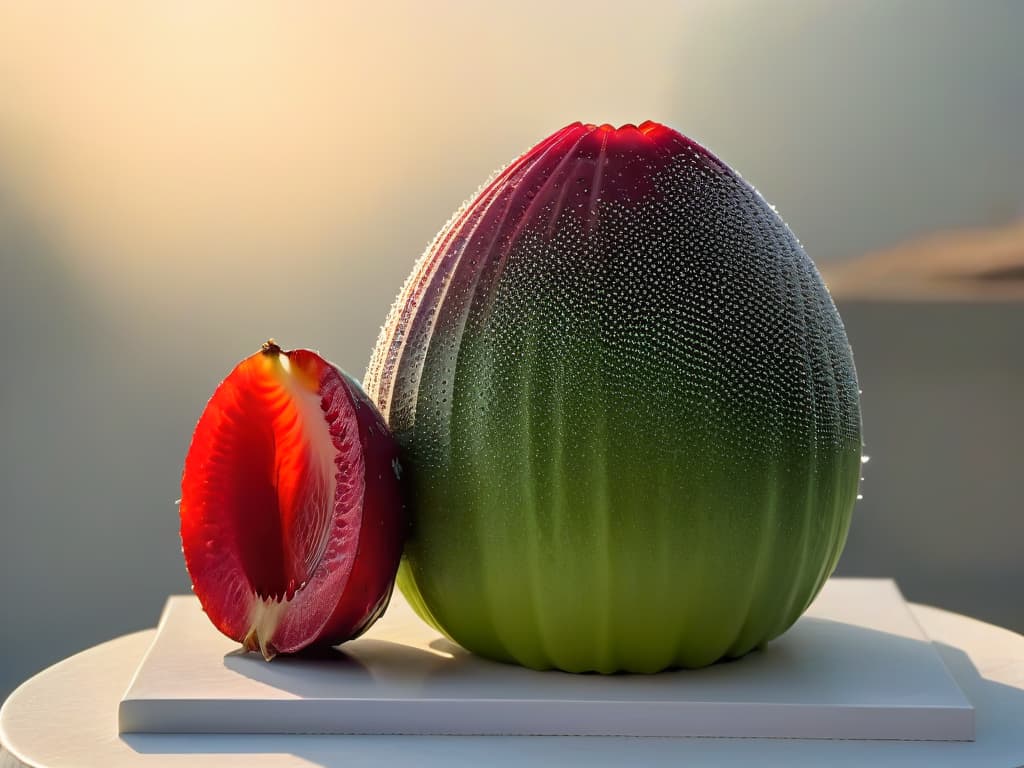  A closeup, ultradetailed image of a vibrant, ripe higo chumbo fruit split open to reveal its succulent, rubyred flesh and tiny edible seeds. The focus is crystal clear, showcasing the intricate texture and natural sweetness of the fruit, set against a stark, minimalist background to emphasize its organic beauty. hyperrealistic, full body, detailed clothing, highly detailed, cinematic lighting, stunningly beautiful, intricate, sharp focus, f/1. 8, 85mm, (centered image composition), (professionally color graded), ((bright soft diffused light)), volumetric fog, trending on instagram, trending on tumblr, HDR 4K, 8K