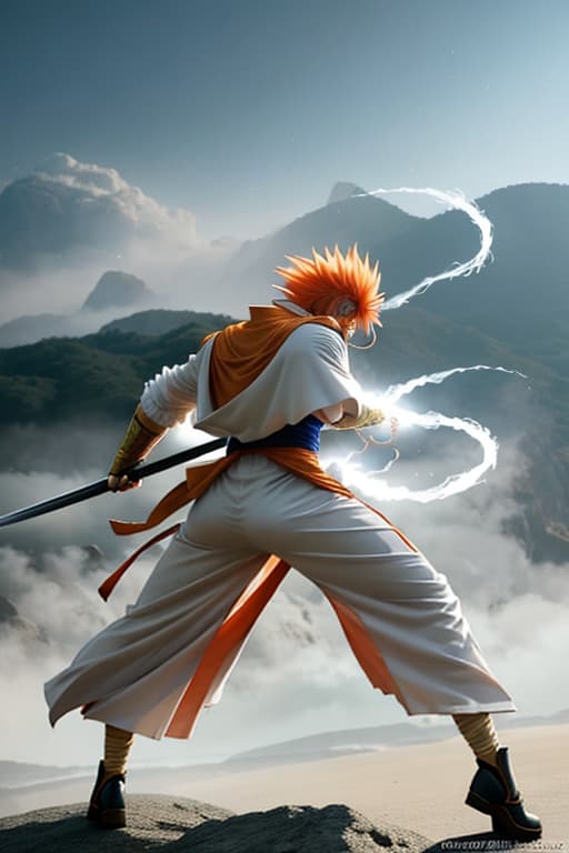  Bleach Ichigo vs Son Goku hyperrealistic, full body, detailed clothing, highly detailed, cinematic lighting, stunningly beautiful, intricate, sharp focus, f/1. 8, 85mm, (centered image composition), (professionally color graded), ((bright soft diffused light)), volumetric fog, trending on instagram, trending on tumblr, HDR 4K, 8K