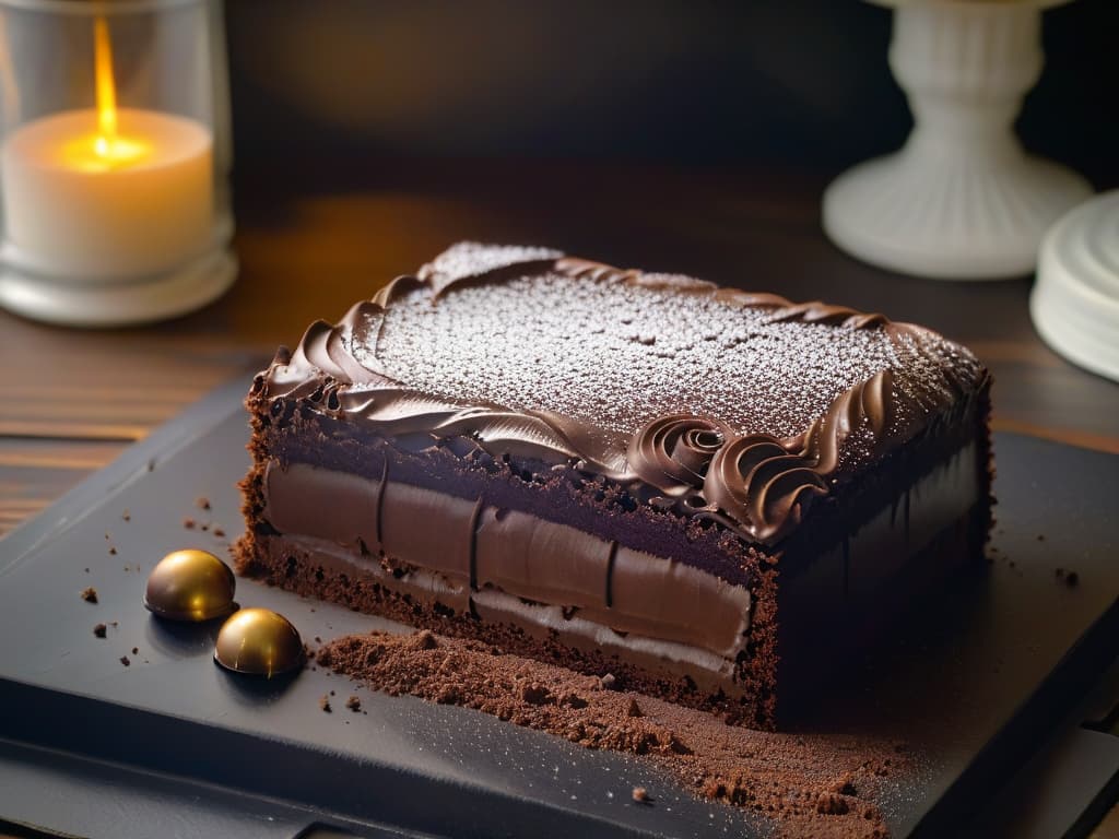  A closeup, ultradetailed image of a glossy, dark chocolate peppermint slice resting on a sleek, matte black plate. The slice is perfectly cut, showcasing distinct layers of rich chocolate base and smooth, vibrant green peppermint filling, topped with a thin, shiny layer of dark chocolate ganache. The lighting is soft, emphasizing the textures and creating a luxurious, indulgent feel. hyperrealistic, full body, detailed clothing, highly detailed, cinematic lighting, stunningly beautiful, intricate, sharp focus, f/1. 8, 85mm, (centered image composition), (professionally color graded), ((bright soft diffused light)), volumetric fog, trending on instagram, trending on tumblr, HDR 4K, 8K