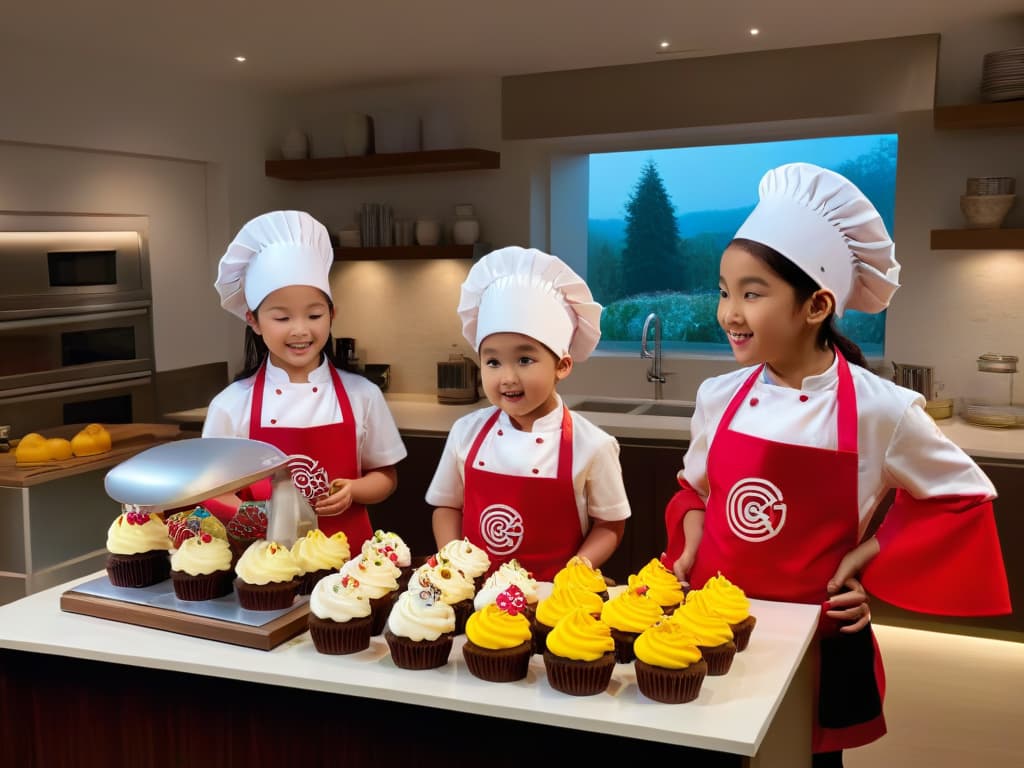  An ultradetailed image of a group of children wearing colorful aprons and chef hats, gathered around a kitchen island filled with various baking ingredients and tools. Each child is holding a different AR device, which displays interactive holographic images of cupcakes, cookies, and cakes floating above the kitchen counter. The room is bright and cheerful, with sunlight streaming in through a large window, casting warm shadows on the floor. The children's faces are filled with wonder and excitement as they explore the virtual world blending seamlessly with the real one, creating a magical and educational baking experience. hyperrealistic, full body, detailed clothing, highly detailed, cinematic lighting, stunningly beautiful, intricate, sharp focus, f/1. 8, 85mm, (centered image composition), (professionally color graded), ((bright soft diffused light)), volumetric fog, trending on instagram, trending on tumblr, HDR 4K, 8K