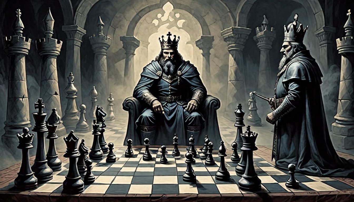  on parchment, surrealism+++, Chess pieces on a board enveloped in shadows, the King piece facing a menacing figure of fate, strategic placement, dark cunning, unseen forces at play(mysterious, provocative, symbolic,muted color)+++