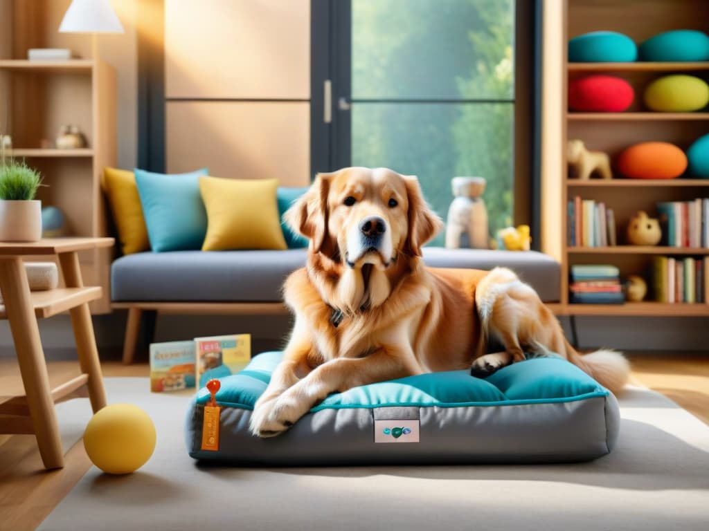  An elderly golden retriever with a distinguished grey muzzle, lying on a plush dog bed surrounded by interactive toys like puzzle feeders and chew toys. Sunlight streams through a nearby window, casting a warm glow on the dog's content expression as it engages with its enriching environment. In the background, shelves stocked with various pet enrichment products and a book titled "Caring for Senior Pets" are subtly visible, emphasizing the importance of mental stimulation for older pets. hyperrealistic, full body, detailed clothing, highly detailed, cinematic lighting, stunningly beautiful, intricate, sharp focus, f/1. 8, 85mm, (centered image composition), (professionally color graded), ((bright soft diffused light)), volumetric fog, trending on instagram, trending on tumblr, HDR 4K, 8K