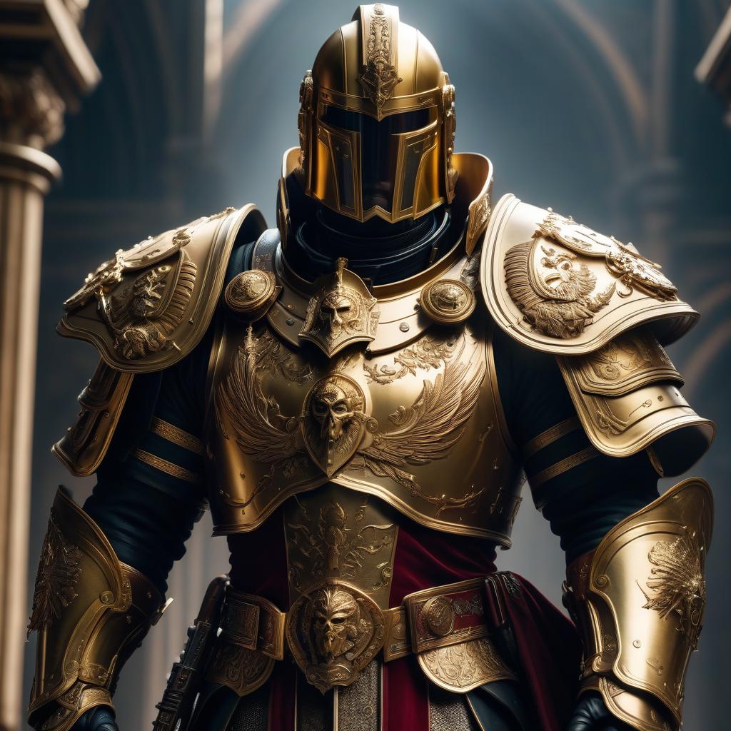  Adeptus Custodes hyperrealistic, full body, detailed clothing, highly detailed, cinematic lighting, stunningly beautiful, intricate, sharp focus, f/1. 8, 85mm, (centered image composition), (professionally color graded), ((bright soft diffused light)), volumetric fog, trending on instagram, trending on tumblr, HDR 4K, 8K